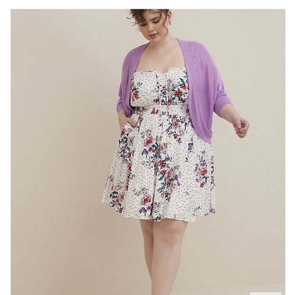 Torrid Tie Front Smocked Waist White Floral Gauze Full Skirted Mini Dress - Picture 5 of 7